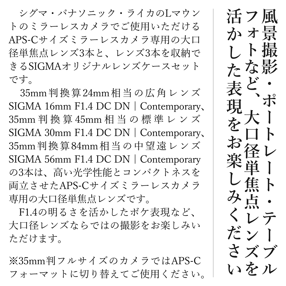 【ふるさと納税】SIGMA APS-Cサイズ用 単焦点レンズ3本セット（Lマウント用）
