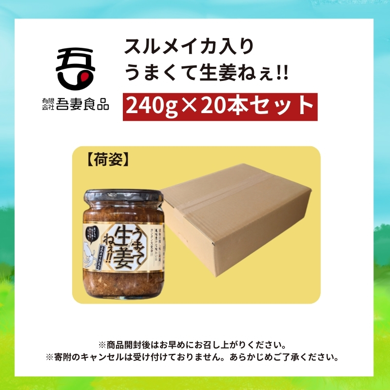 スルメイカ入りうまくて生姜ねぇ!!20本セット 【しょうが 国産 醤油漬け するめいか ごはんのお供 お弁当 調味料 おつまみ 肴 薬味 隠し味 猪苗代町 福島県】