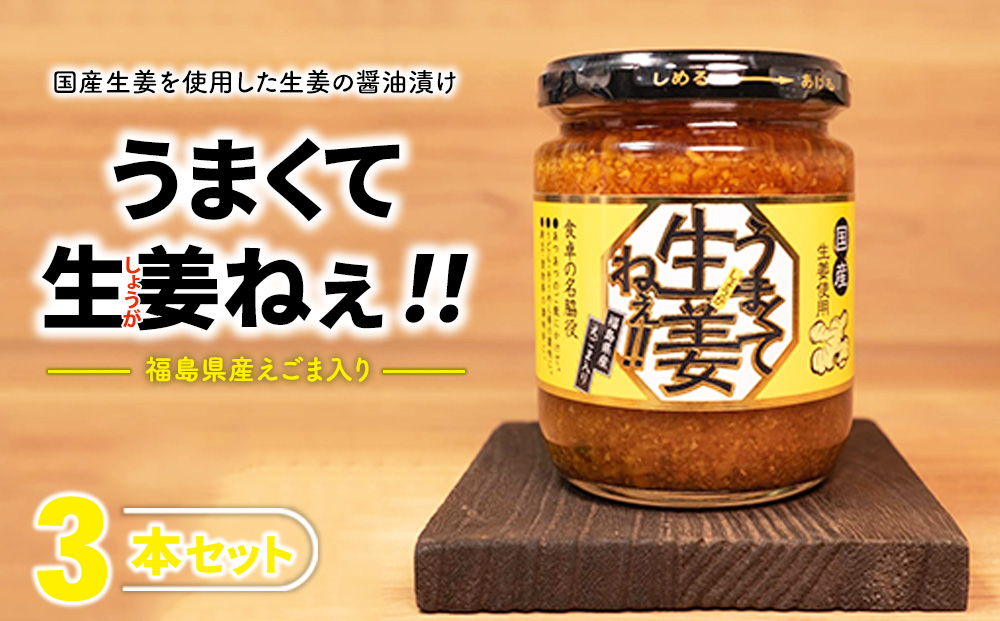 うまくて生姜ねぇ!! 3本セット | しょうが 国産 醤油漬け ごはんのお供 お弁当 調味料 おつまみ 肴 薬味 隠し味 猪苗代町 福島県