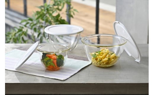 HARIO レンジフタ付き耐熱ガラス製ボウル3個セット［MXPF-4904-W］｜ハリオ 耐熱 ガラス 器 キッチン 日用品 キッチン用品 日本製 おしゃれ かわいい ガラスボウル ボウル 菓子作り 電子レンジ可 水切り 蓋付_BE57