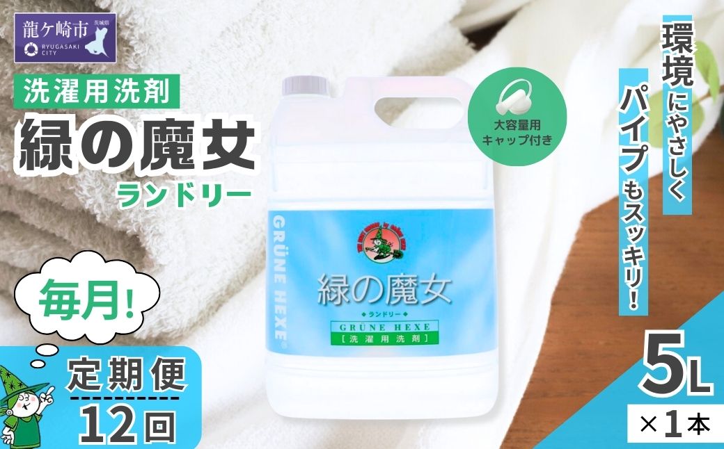 ＜毎月定期便(全12回)＞環境配慮型洗剤緑の魔女ランドリー5L×1本 | 茨城県 龍ケ崎市 洗剤 液体 液体洗剤 環境配慮 エコ やさしい 洗濯 洗濯洗剤 衣類 汚れ よごれ 油汚れ 皮脂 皮脂汚れ 大容量 パイプ パイプクリーナー 植物由来 除菌 防臭 エコ お中元 お歳暮 ギフト 大掃除 洗浄力