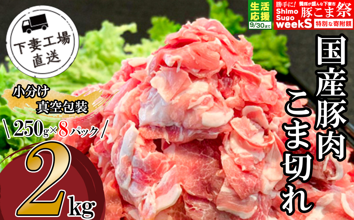 国産豚肉こま切れ2kg（250g×8パック/小分け真空包装）【下妻工場直送】【 豚肉 こま切れ 切り落とし パック 小分け 便利 国産 料理 ポーク ぶたにく 国産豚 マルリン】