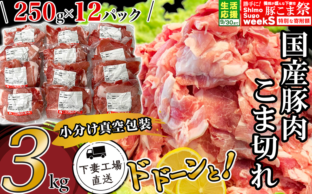 国産豚肉こま切れ3kg（250g×12パック/小分け真空包装）【下妻工場直送】【 豚肉 こま切れ 切り落とし パック 小分け 便利 国産 料理 ポーク ぶたにく 国産豚 マルリン 】