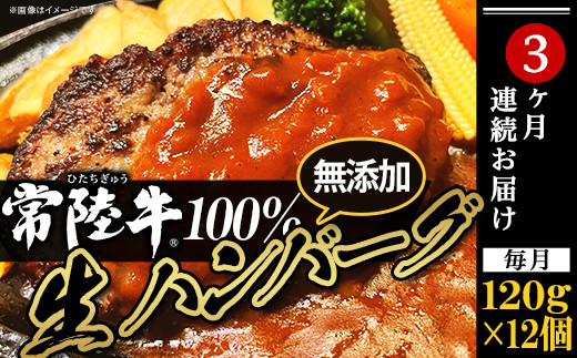 生ハンバーグ120g×12個【常陸牛】100％【3ヶ月連続お届け】【 ハンバーグ 生ハンバーグ 常陸牛 冷凍 牛肉 贅沢 黒毛和牛 おかず 惣菜 便利 】