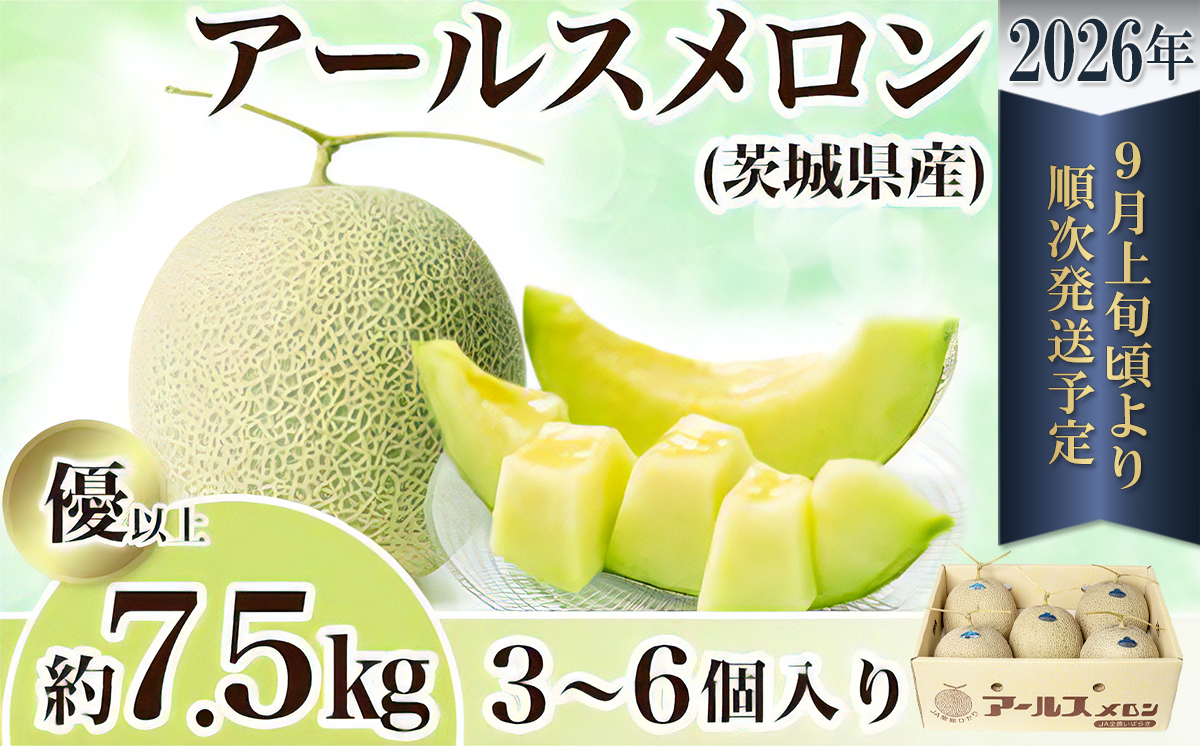 【先行予約】茨城県産アールスメロン約7.5kg（3～6個）【2026年9月上旬～10月上旬ごろ発送予定】【 国産メロン 茨城県産メロン メロンの王様 高級メロン めろん  果物 くだもの フルーツ 季節限定 人気 贈り物 お取り寄せ プレゼント 厳選 デザート マスクメロン ムスク マスク 】