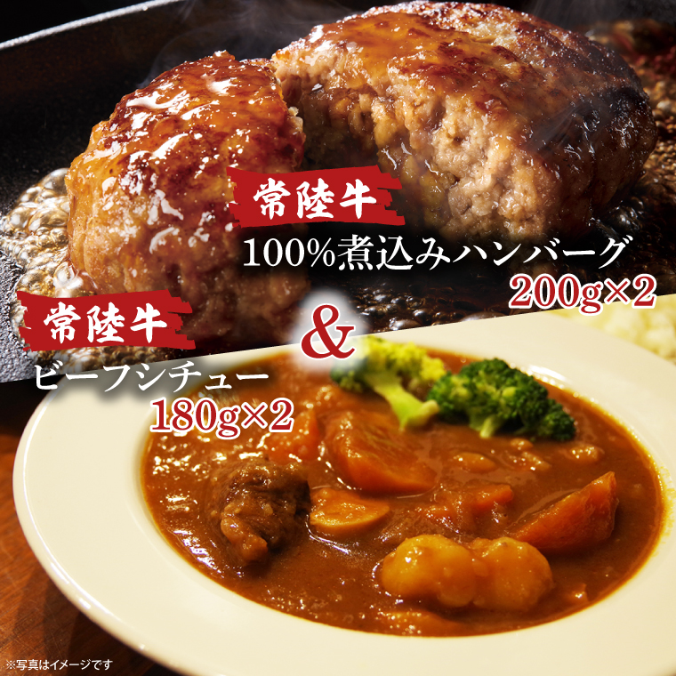 常陸牛ビーフシチュー(180g×2)＆常陸牛100％煮込みハンバーグ(200g×2)セット【牛肉100％ 和牛 シェフ監修 デミグラスソース 煮込み 湯煎 小分け 冷凍保存 ギフト お取り寄せ 北茨城市 茨城県】（AA219）
