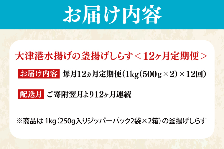 大津港水揚げの釜揚げしらす＜12ヶ月定期便＞＜毎月＞　1kg×12回【海鮮 魚介類 しらす シラス ご飯のお供 たっぷり お手頃 個包装】(AS015)