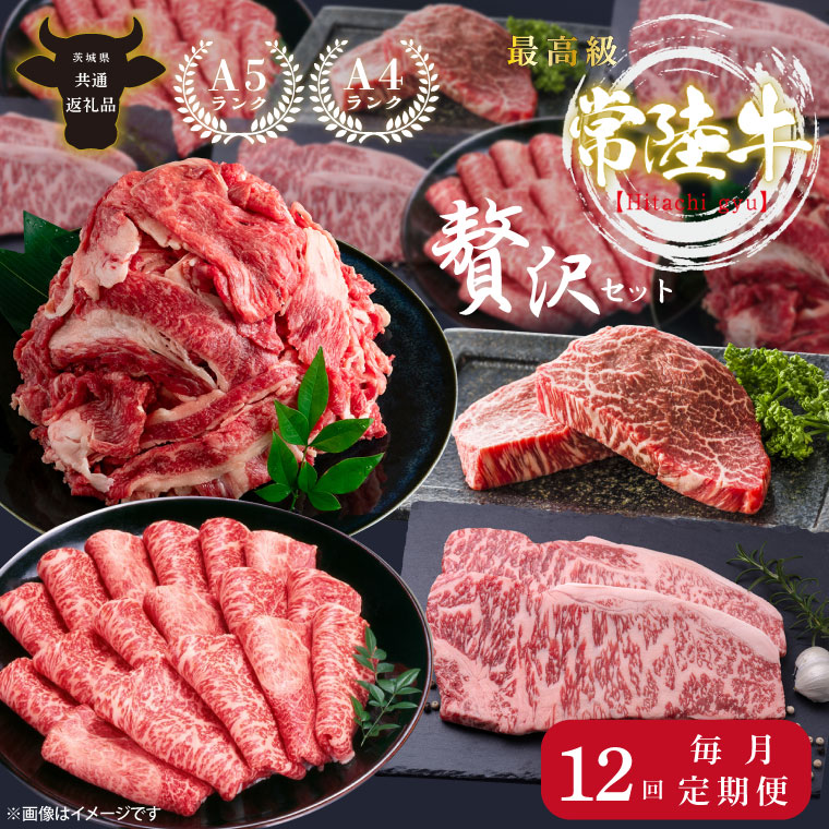 【12回定期便】最高級A4.A5ランク 常陸牛贅沢セット【人気肉 お肉 牛肉 和牛 黒毛和牛 国産黒毛和牛 ロース肉 ステーキ 国産牛 焼肉 焼き肉 バーベキュー BBQ A5 ブランド牛】（CR014）