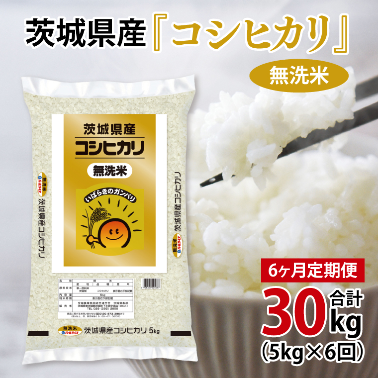 超便利【6ヶ月定期便】計30kg 　令和7年産 茨城県産 無洗米コシヒカリ5kg×6回分【お米 コメ こめ こしひかり 無洗米】(AL265)