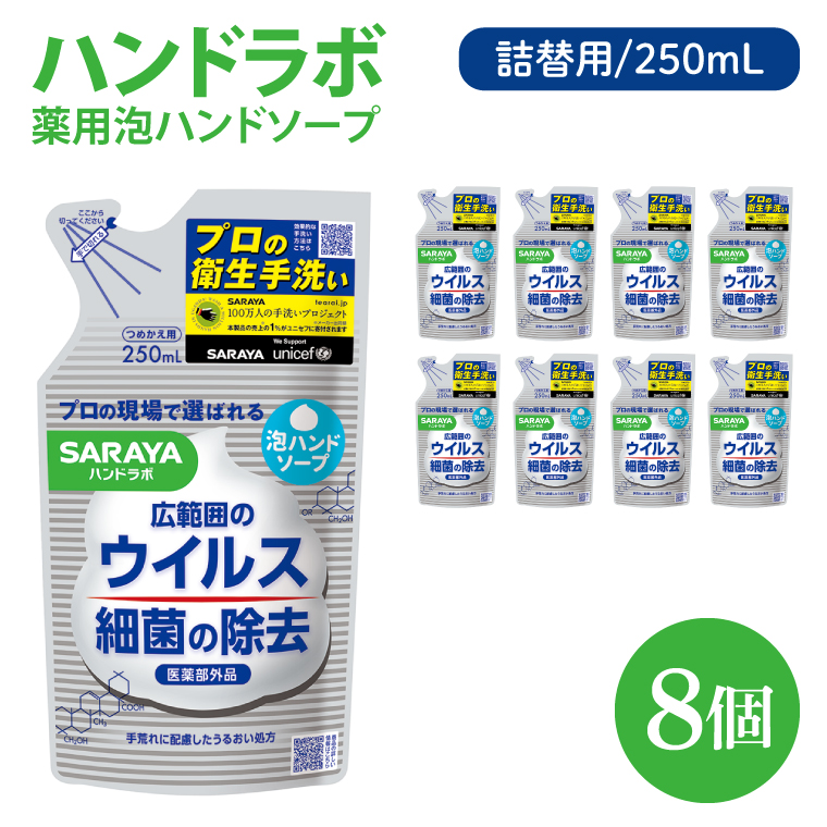 ハンドラボ 薬用泡ハンドソープ 250mL詰替用 8個 【医薬部外品】【手洗い 手あらい てあらい 泡 ハンドソープ 石鹸 せっけん 石けん 清潔 洗浄 殺菌 手指消毒 ストック 詰め替え】(CL139-H8)