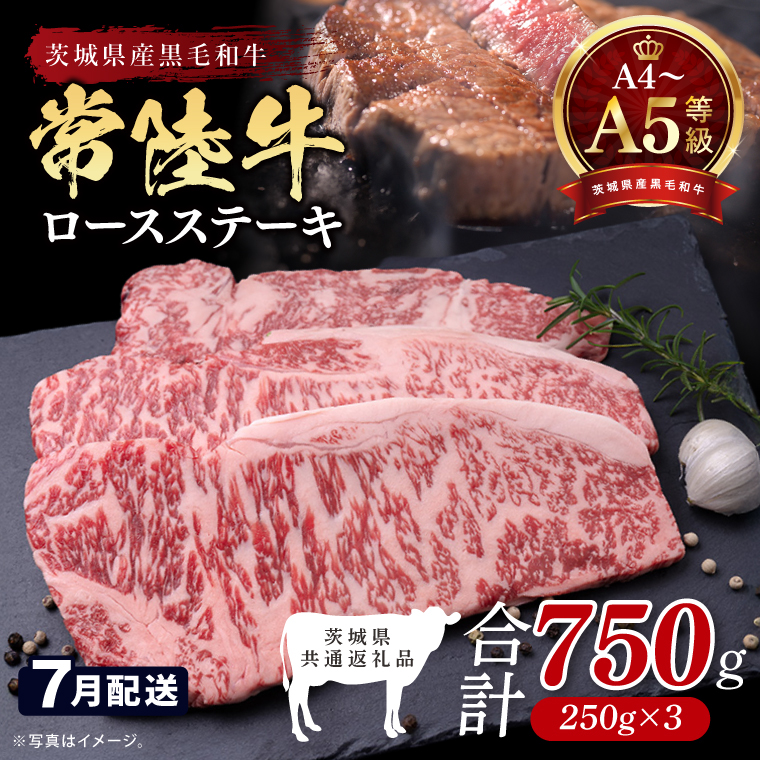 【2026年7月発送予定】最高級A4.A5ランク 常陸牛ロースステーキ750ｇ（250g×3）【人気肉 お肉 牛肉 和牛 黒毛和牛 国産黒毛和牛 ロース肉 ステーキ 国産牛 焼肉 焼き肉 バーベキュー BBQ A5 ブランド牛】(CR102-7)
