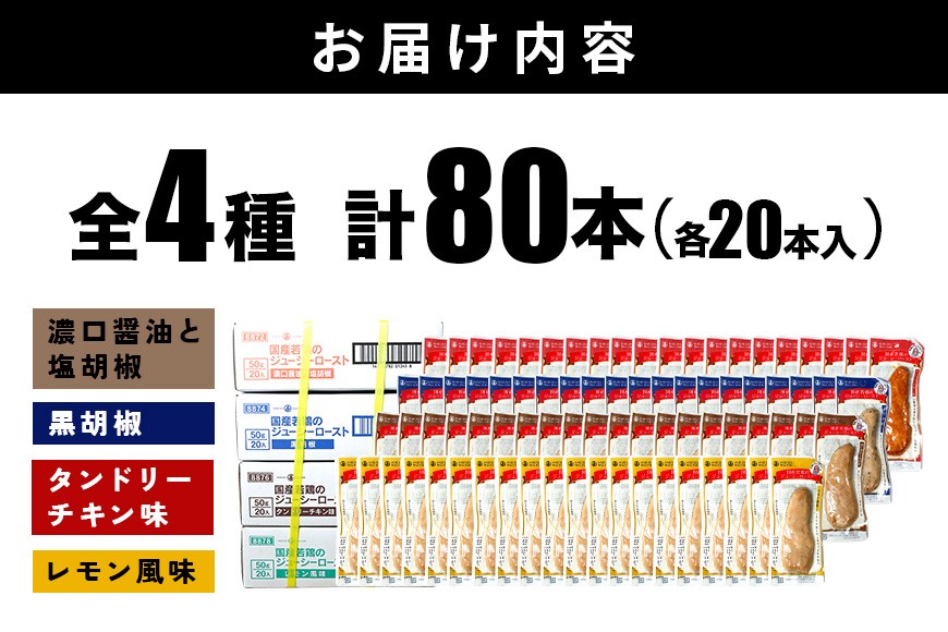 サラダチキン バー 4種類セット 1本タイプ×80本 常温 ささみ タンパク質 高たんぱく 低脂質 プロテインバー ダイエット 筋肉 丸善 国産 朝食 間食 国産若鶏のジューシーロースト レモン風味 黒胡椒 タンドリーチキン 濃口醤油 塩胡椒 甘くない 笠間市 茨城県 いばらき CZ-011