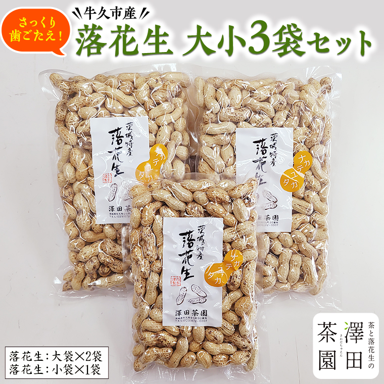 牛久産 落花生 大小3袋 詰合せ ピーナッツ ピーナツ ナカテユタカ 中手豊 甘い 美味しい おいしい おやつ お菓子 ビールのお供 お酒のあて 酒の肴 お取り寄せ 詰め合わせ お土産 贈り物 ギフト プチギフト 国産 茨城 特産品 農園 自家栽培