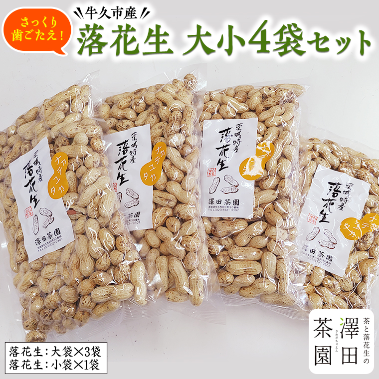 牛久産 落花生 大小 4袋 詰合せ ピーナッツ ピーナツ ナカテユタカ 中手豊 甘い 美味しい おいしい おやつ お菓子 ビールのお供 お酒のあて 酒の肴 お取り寄せ 詰め合わせ セット お土産 贈り物 ギフト プチギフト 国産 茨城 特産品 農園 自家栽培