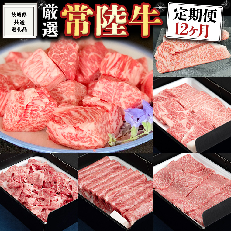 ＜ 定期便 ＞ 厳選 『 常陸牛 』 12ヶ月セット ( 茨城県共通返礼品 ) A5 A4 肉 焼肉 国産 霜降 サーロイン ヒレ もも ハンバーグ ステーキ すき焼き しゃぶしゃぶ