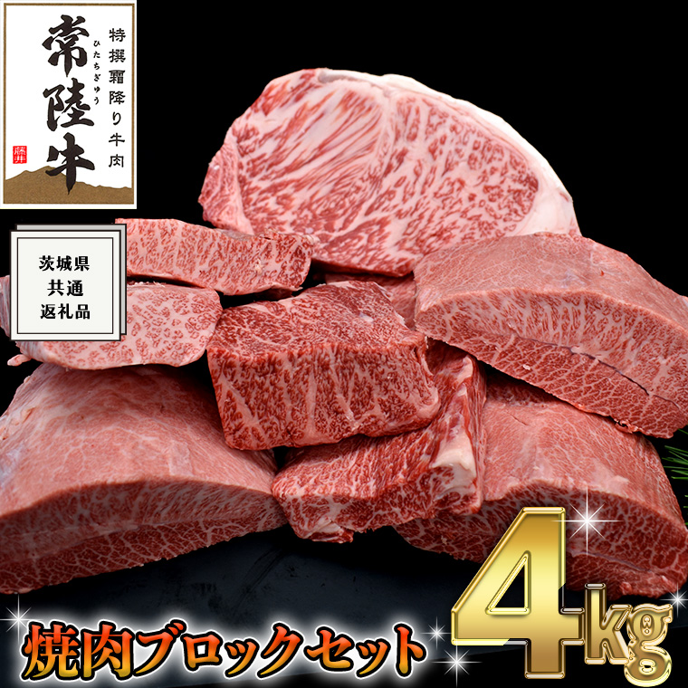 【 常陸牛 】 焼肉 ブロック セット 4kg ( 茨城県共通返礼品 ) 国産 焼き肉 サーロイン カルビ バラ バーベキュー BBQ お肉 ブランド牛