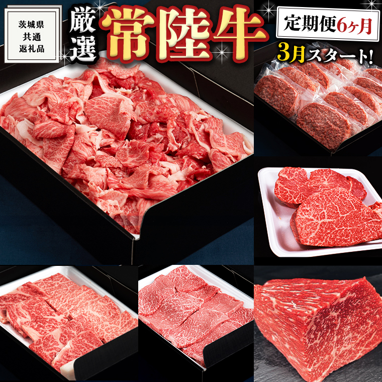《 定期便 3月スタート 》 厳選 『 常陸牛 』 6ヶ月セット ( 茨城県共通返礼品 ) A5 A4 肉 焼肉 国産 霜降 赤身 ヒレ 切り落とし もも ハンバーグ ステーキ
