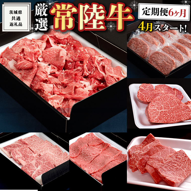 《 定期便 4月スタート 》 厳選 『 常陸牛 』 6ヶ月セット ( 茨城県共通返礼品 ) A5 A4 肉 焼肉 国産 霜降 赤身 ヒレ 切り落とし もも ハンバーグ ステーキ