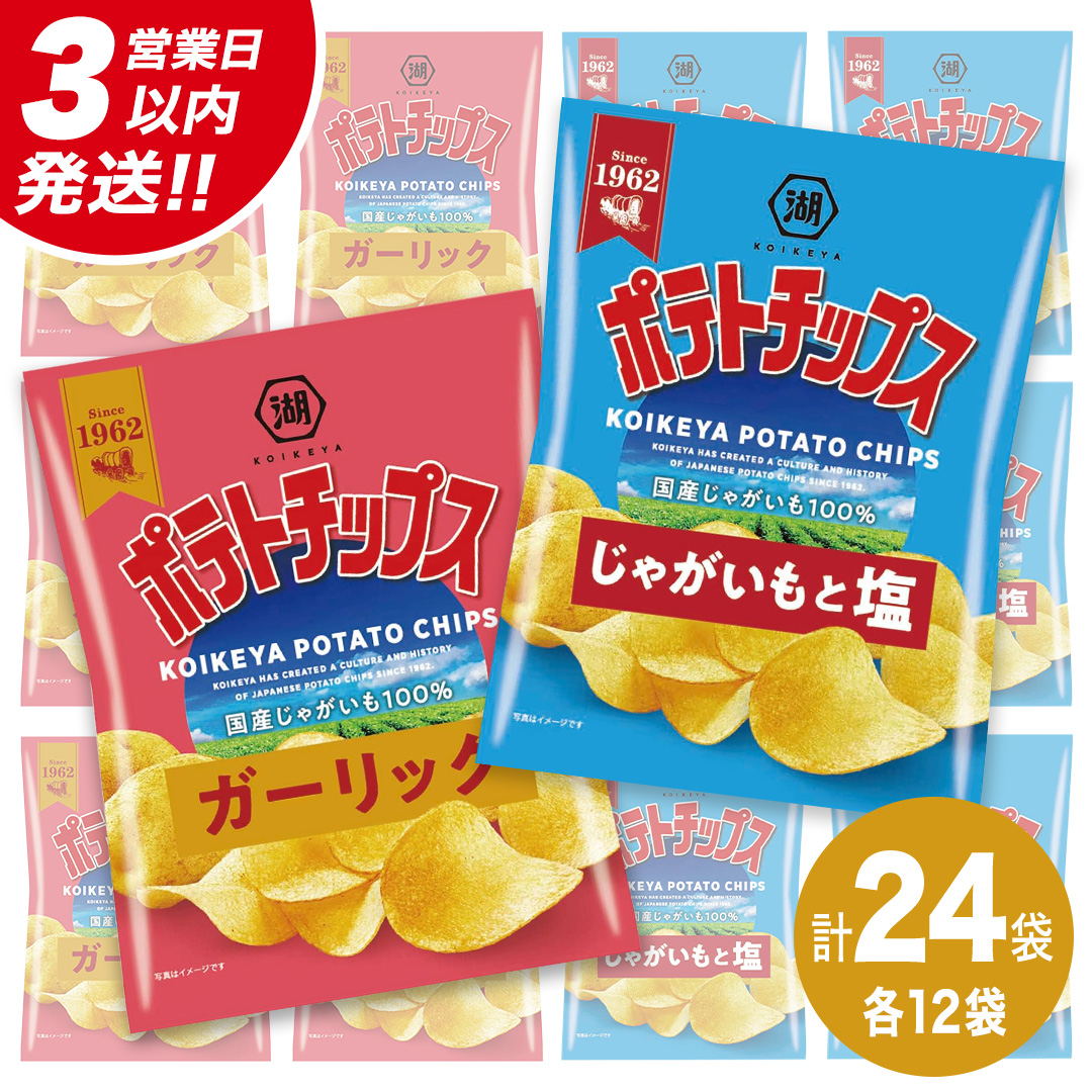 【最短3営業日！スピード発送】 湖池屋 ポテトチップス 2種類アソート （じゃがいもと塩・ガーリック）（各12袋・計24袋） ポテチ お菓子 おかし 大量 スナック おつまみ ジャガイモ じゃがいも まとめ買い スナック菓子 数量限定