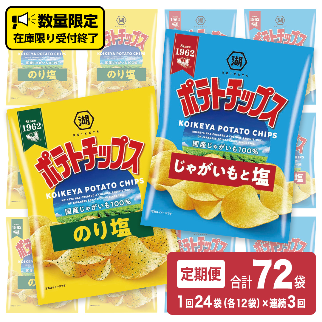 【 湖池屋 3ヶ月 定期便 】 湖池屋 ポテトチップス 2種類アソート （のり塩・じゃがいもと塩）（各12袋・計24袋 ×３回） ポテチ お菓子 おかし 大量 スナック おつまみ ジャガイモ じゃがいも まとめ買い スナック菓子 頒布会 数量限定