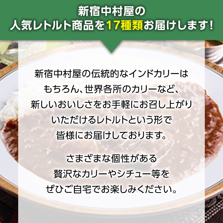 新宿 中村屋 レトルト 食べ比べ セット ( Bセット 17種 ) 人気 詰合せ 洋食 時短 カレー インドカレー ビーフカレー 欧風カレー 数量限定 贈答品 保存用 ストック用 非常用 老舗 電子レンジ 調理可