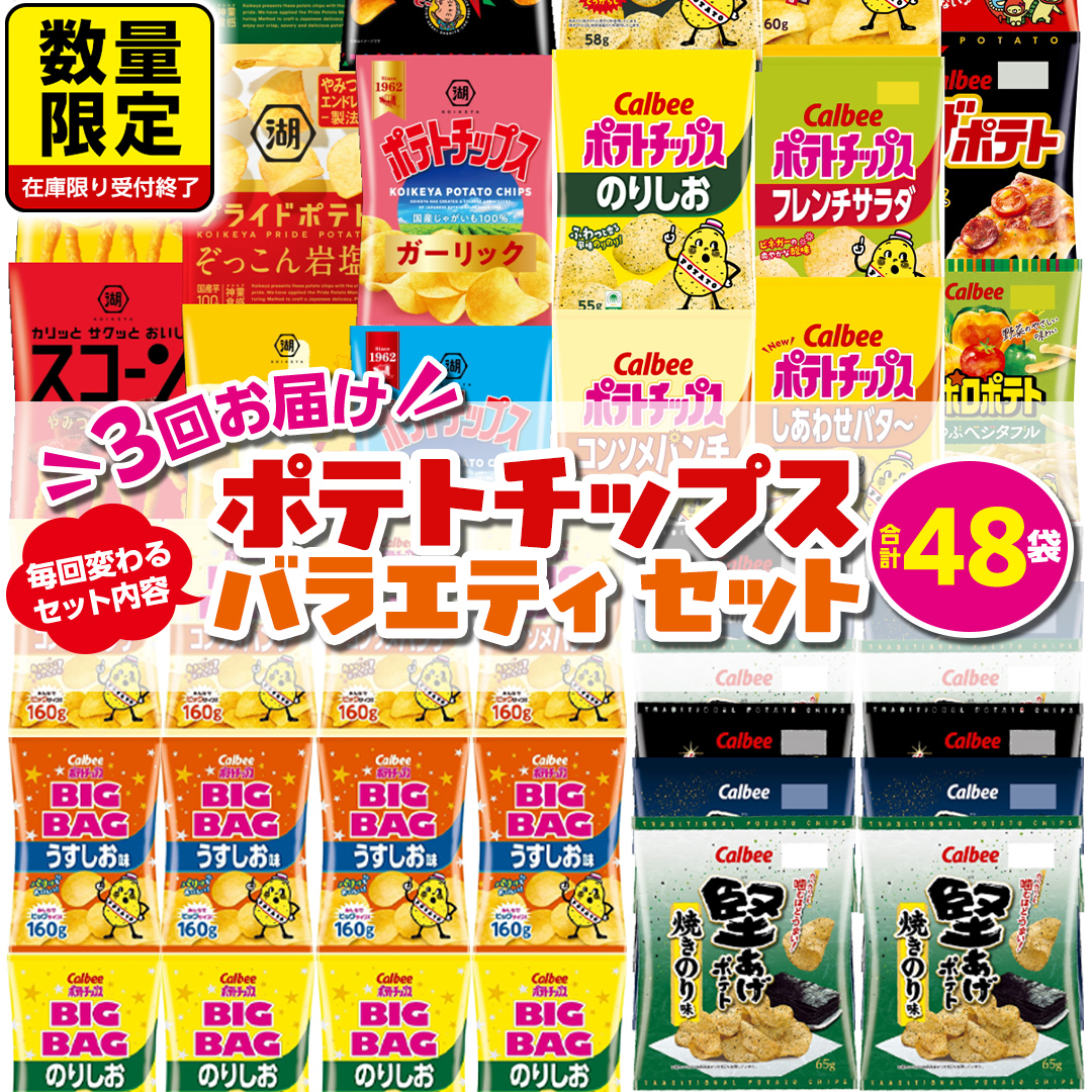 【 スナック菓子 3ヶ月 定期便 】 カルビー 湖池屋 人気 48袋 詰め合わせ バラエティ セット スナック ポテトチップス ポテチ ポテトチップ 菓子 お菓子 おかし おやつ おつまみ 大量 BIGBAG 堅あげポテト のりしお うすしお ブラックペッパー 頒布会 ジャガイモ じゃがいも まとめ買い