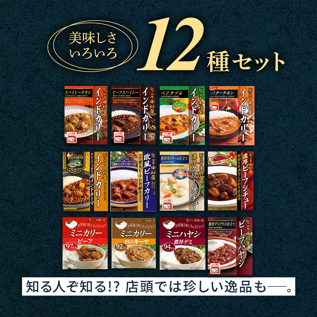 新宿 中村屋 レトルト 食べ比べ セット ( Aセット 12種 ) レトルトカレー カレー レトルト食品 常温 詰め合わせ 時短 レンジ 調理 人気 洋食 ビーフカレー 数量限定 贈答 保存 保存食 ストック 非常用 非常食 老舗 レンチン レンジ 