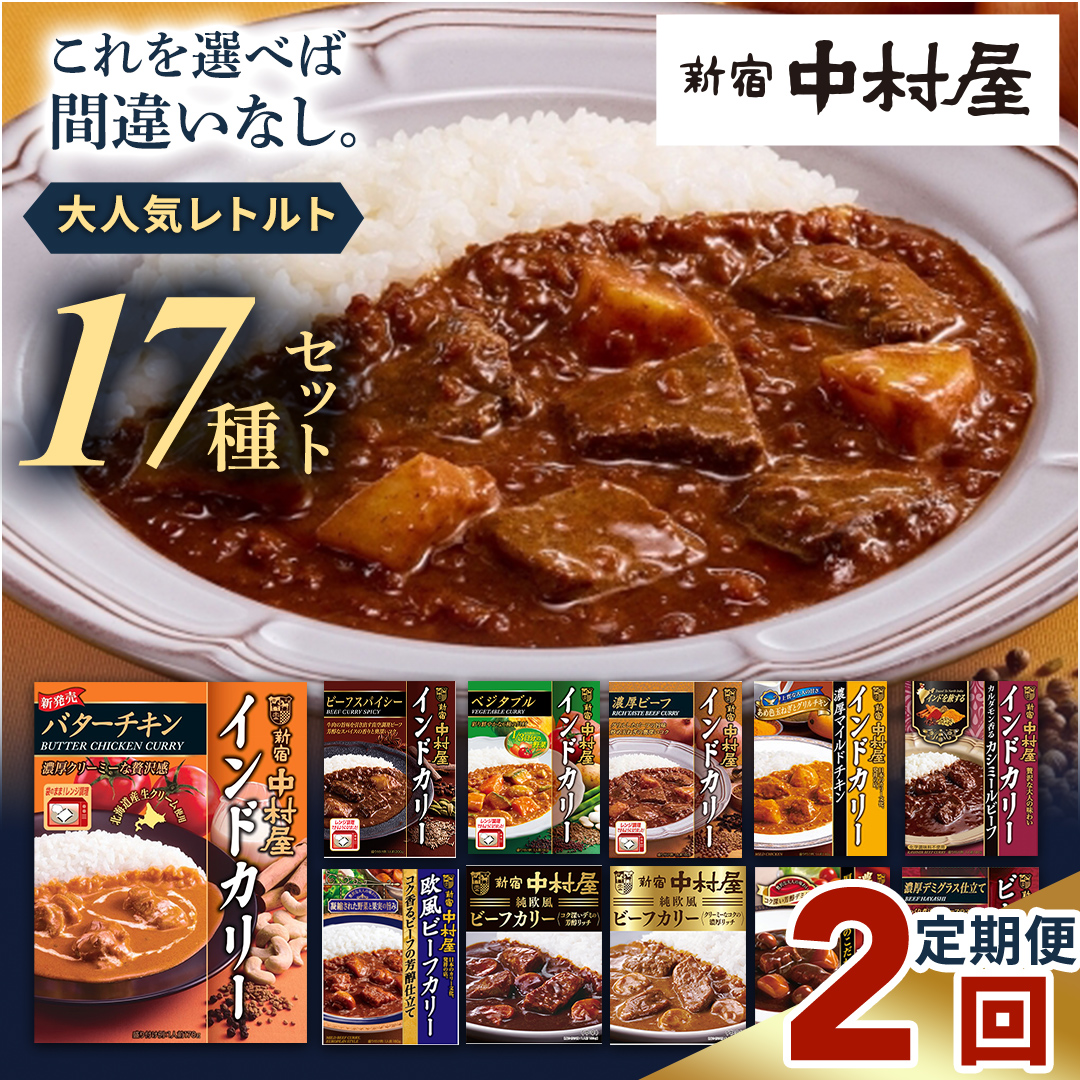 【 定期便 全2回 毎月 お届け 】 新宿 中村屋 レトルト 食べ比べ セット ( Bセット 17種 ) 人気 詰合せ 洋食 時短 カレー インドカレー ビーフカレー 欧風カレー 数量限定 贈答品 保存用 ストック用 非常用 老舗 電子レンジ 調理可 レンチン レンジ