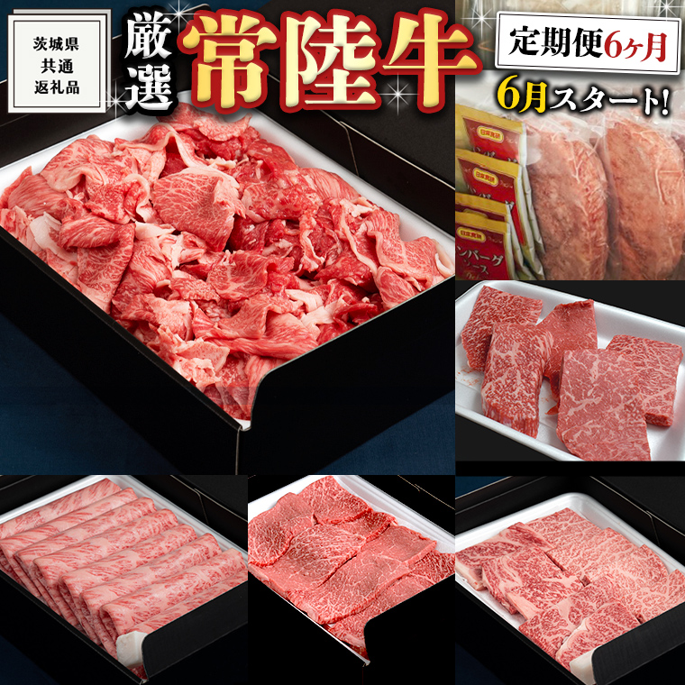 《 定期便 6月スタート 》 厳選 『 常陸牛 』 6ヶ月セット ( 茨城県共通返礼品 ) A5 A4 肉 切り落とし 焼肉 国産 霜降 赤身 もも ハンバーグ ステーキ すき焼き しゃぶしゃぶ