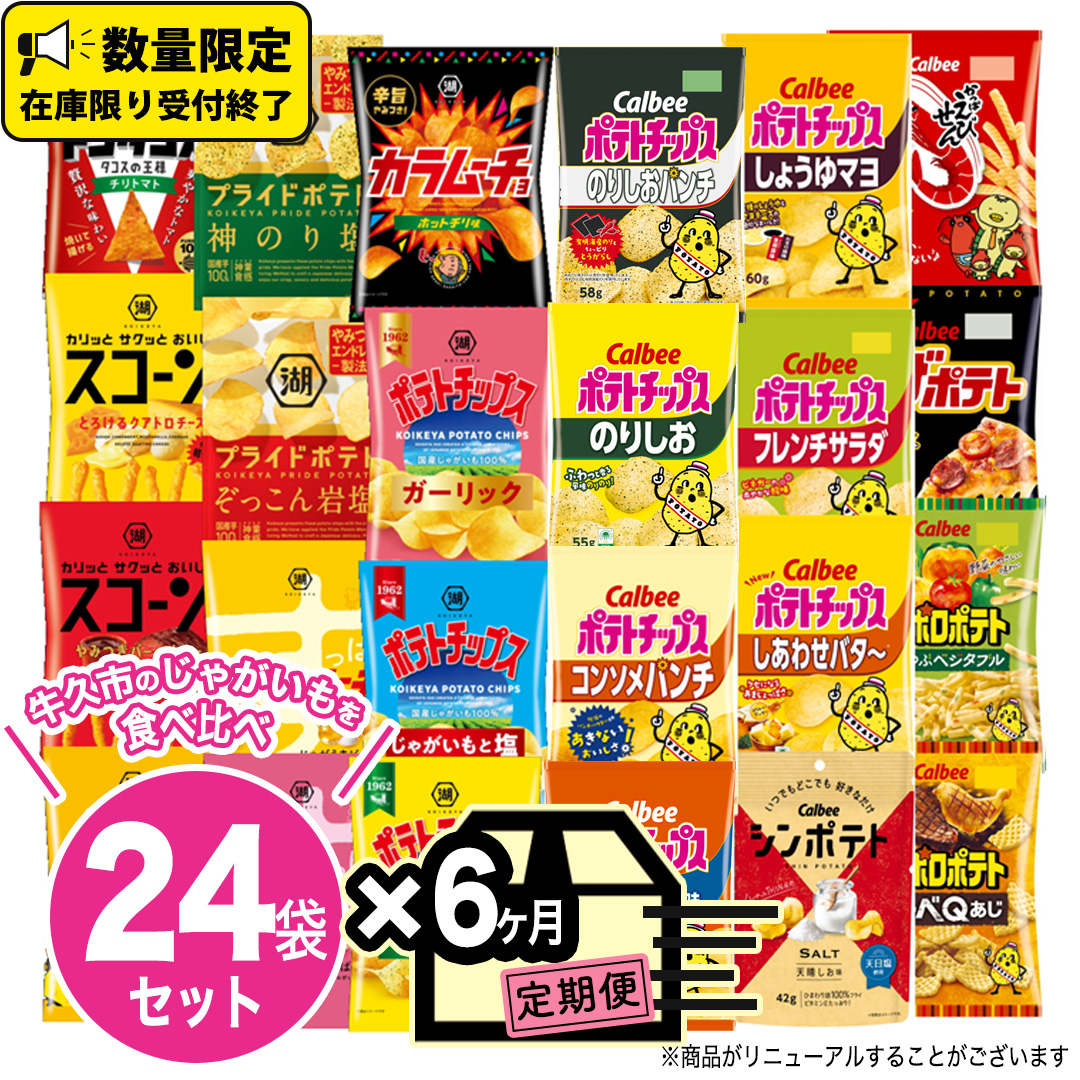 【 6ヶ月 連続 定期便 】 カルビー 湖池屋 人気 24種 詰め合わせ お楽しみ 24袋 スナック菓子 セット カルビー 湖池屋 ポテトチップス ポテチ お菓子 おかし 大量 スナック おつまみ ジャガイモ じゃがいも まとめ買い Calbee ポテト おまかせ 定期便 頒布会 数量限定