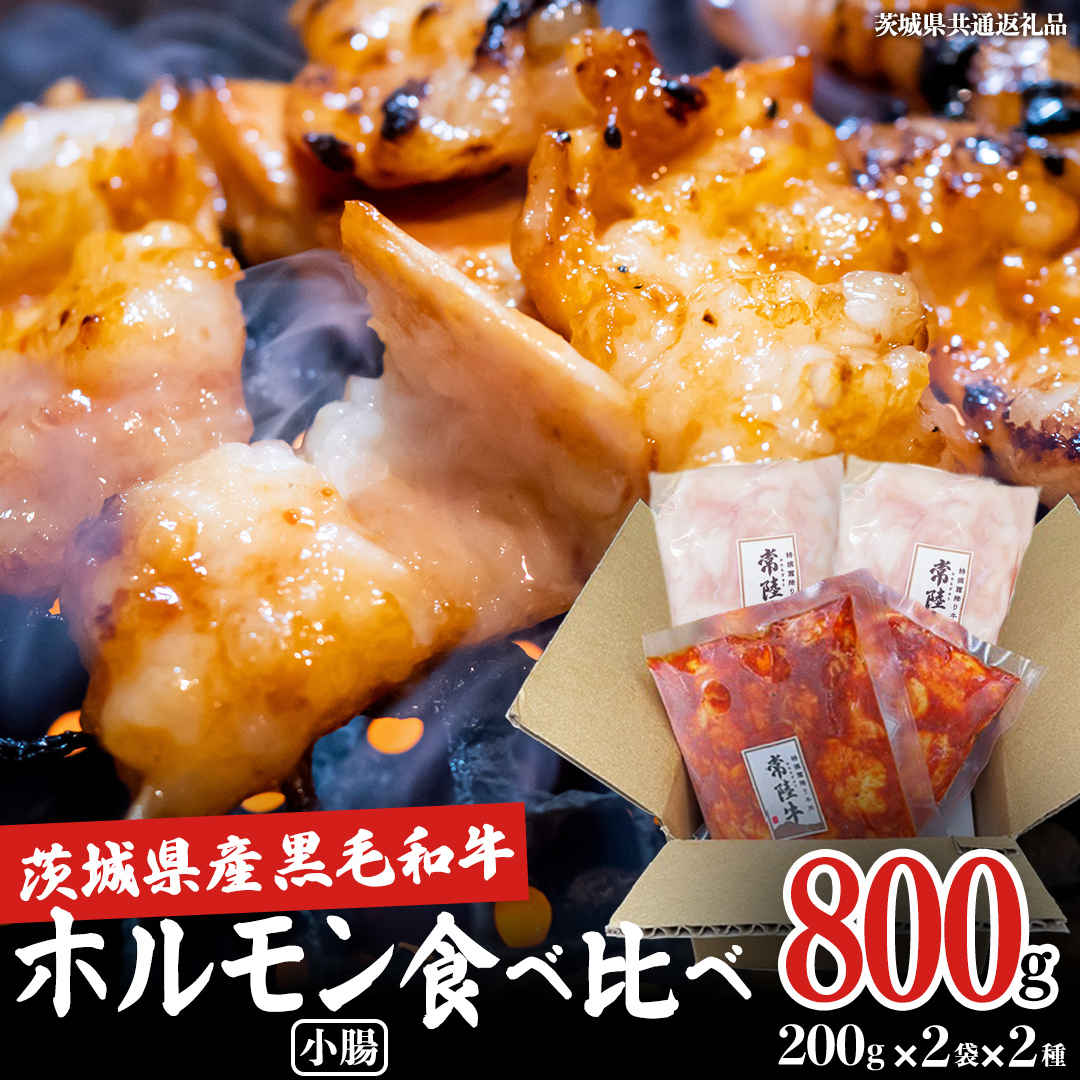 【茨城県産】 黒毛和牛 小腸 2種セット 800g （ 味付き ・ 味なし 各200g×2）食べ比べ (茨城県共通返礼品) 国産 牛肉 肉 お肉 ホルモン もつ 和牛 小腸 ホルモン 味付き 味付ホルモン タレ漬け 焼肉 BBQ 小分け 冷凍 料理 簡単