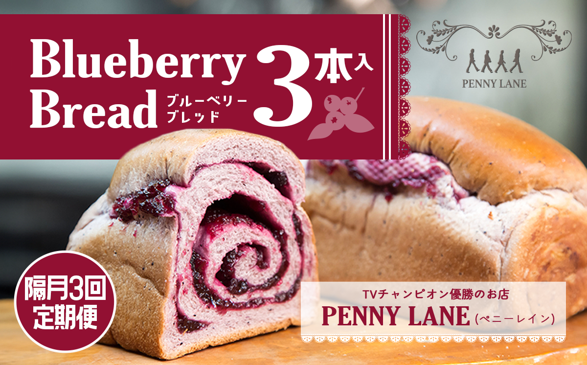 【隔月3回配送定期便】ペニーレインのブルーベリーブレッド3本セット【 パン 冷凍 人気 菓子パン パン屋 茨城県 つくば市 ブルーベリー ブルーベリージャム ブルーベリーソース 冷凍パン お取り寄せ おやつ 朝食 ベーカリー グルメ プレゼント 定期便 冷凍便 】