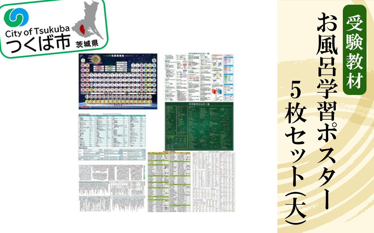 お風呂学習ポスター 受験教材 5枚セット(大)【 学習ポスター お風呂 教材 ツール 高校受験 暗記 記憶 視覚 勉強 学習 受験 テスト 試験 中学生 理科 国語 数学 歴史 英語 5教科 フライング・エッグ 人気 おすすめ 】
