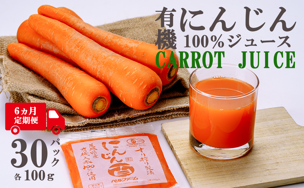 【6ヵ月連続お届け】ベルファームつくばのにんじんジュース 100% 100g × 30袋 ＜離島・沖縄配送不可＞【 茨城県 つくば市 にんじん ニンジン 人参 ジュース 健康 無農薬 新鮮 オーガニック フレッシュジュース 無添加 定期便 】