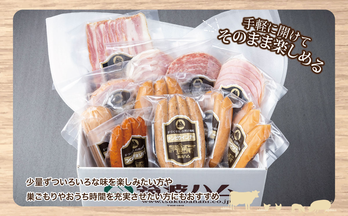 筑波ハム 手づくり ハムスライス ・ ソーセージ ・ べーコンとスモークササミのバラエティセット11品【 豚肉 豚 ぶた肉 ポーク チョリソー ステーキ 茨城県産 国産 つくば市 酒のつまみ 詰め合わせ お中元 お歳暮 】