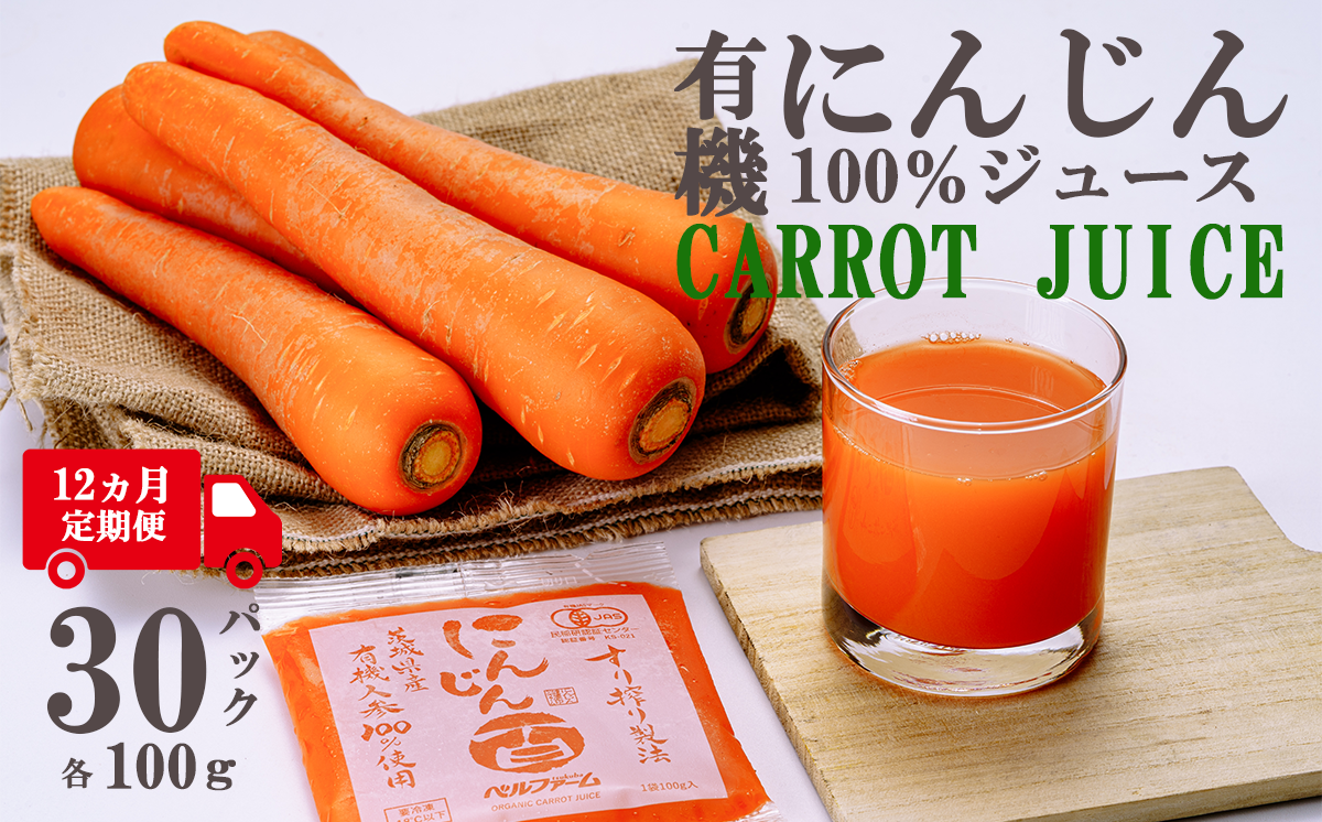 【12ヵ月連続お届け】ベルファームつくばのにんじんジュース 100% 100g × 30袋 ＜離島・沖縄配送不可＞【 茨城県 つくば市 にんじん ニンジン 人参 ジュース 健康 無農薬 新鮮 オーガニック フレッシュジュース 無添加 定期便 】