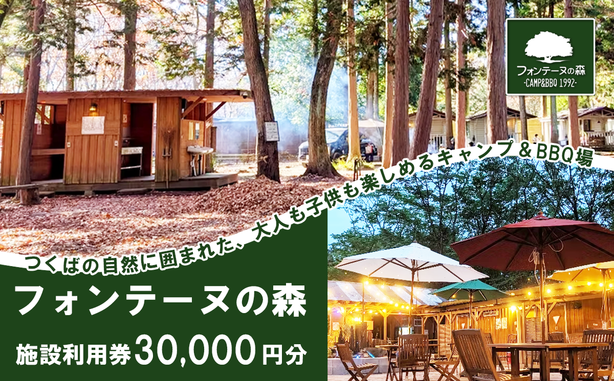 キャンプ&バーベキュー「フォンテーヌの森」 施設利用券 30,000円分【 キャンプ 宿泊 体験 体験型 バーベキュー アウトドア BBQ 夏休み GW 子供 家族 お出かけ 茨城県 つくば市 】