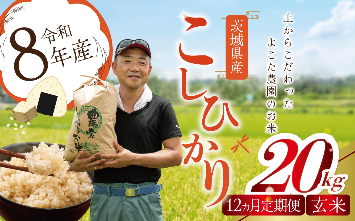 【12回定期便】令和8年産 コシヒカリ 玄米 20kg 新米 米 定期便 こしひかり 茨城県産こしひかり コシヒカリ 茨城産こしひかり 茨城こしひかり 茨城県産 こめ コメ お米 2026年産 ごはん 数量限定 茨城県 つくば市