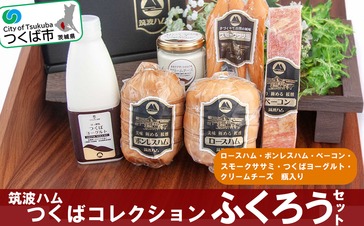 筑波ハム つくばコレクション ふくろうセット（ ボンレスハム ベーコン ロースハム スモークササミ つくばヨーグルト クリームチーズ ）【 豚肉 豚 ぶた肉 ポーク ベーコン ハムロース ハム 燻製 スモーク ササミ 金賞 チーズ クリームチーズ ヨーグルト 茨城県産 国産 つくば市 詰め合わせ お中元 お歳暮 】
