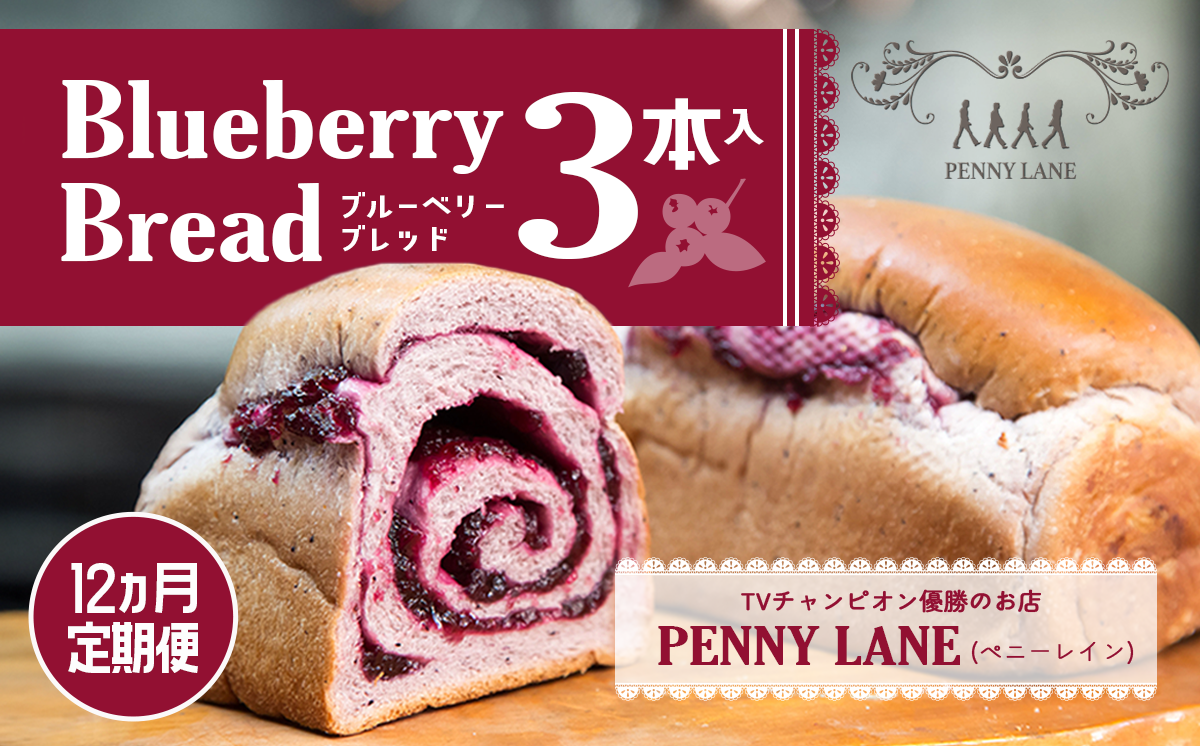【12ヵ月定期便】ペニーレインのブルーベリーブレッド3本セット【 パン 冷凍 人気 菓子パン パン屋 茨城県 つくば市 ブルーベリー ブルーベリージャム ブルーベリーソース 冷凍パン お取り寄せ おやつ 朝食 ベーカリー グルメ プレゼント 定期便 冷凍便 】