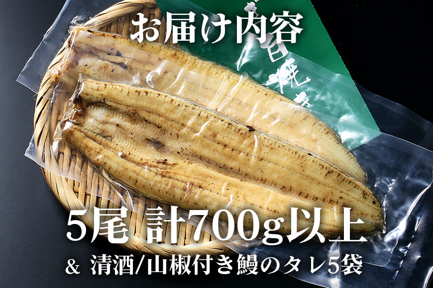 大きな国内産うなぎ白焼(酒蒸し) 140〜160g 5尾 計700g以上 うなぎ 鰻 ウナギ 白焼 酒 蒸し 蒲焼 タレ 山椒 付き 簡単調理 贈答用 ギフト 内祝い 土用の丑の日 冷蔵 国産 茨城県 潮来市 (A23-033)