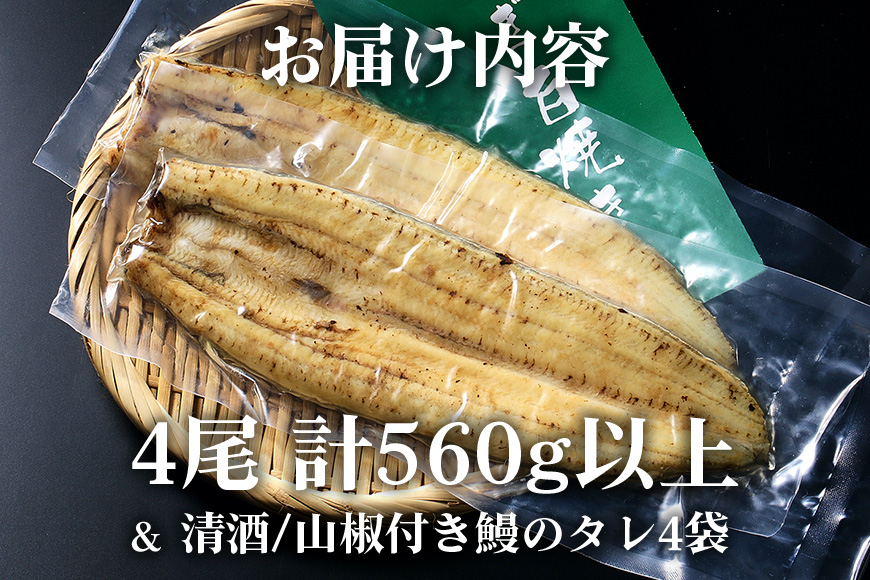 大きな国内産うなぎ白焼(酒蒸し) 140〜160g 4尾 計560g以上 うなぎ 鰻 ウナギ 白焼 酒 蒸し 蒲焼 タレ 山椒 付き 簡単調理 贈答用 ギフト 内祝い 土用の丑の日 冷蔵 国産 茨城県 潮来市 (A23-032)