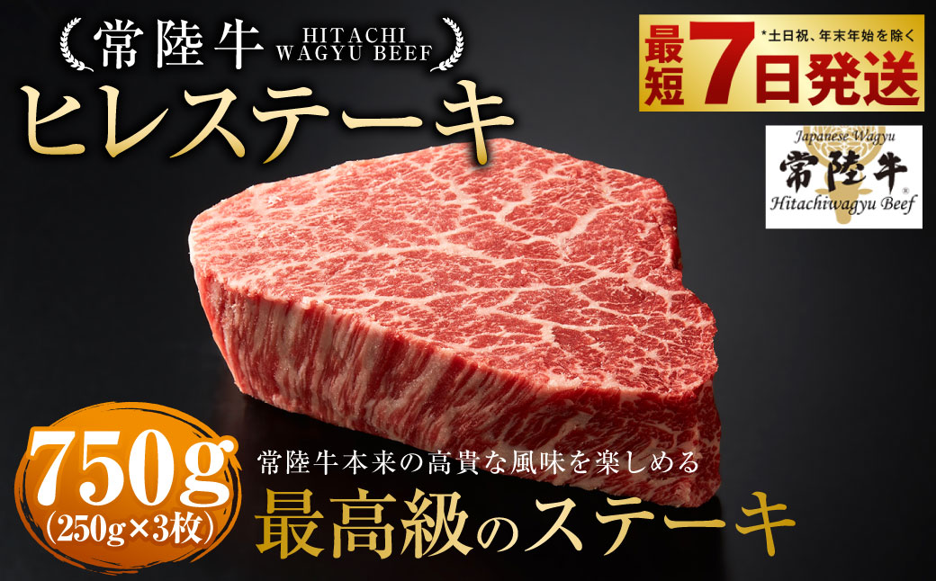 【年内発送 12/17迄受付】【常陸牛】ヒレステーキ250g×3枚 750g A4ランク以上 お肉 牛肉 ヒレ肉 ヒレ フィレ 希少 冷凍 常陸 和牛 国産 茨城県 ステーキ 守谷市