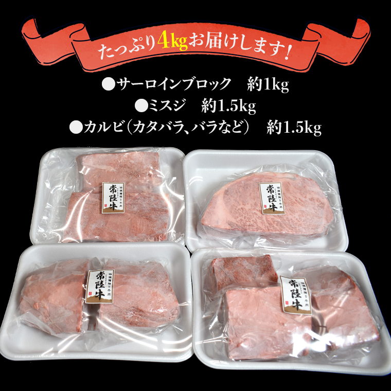 【 常陸牛 】  焼肉 ブロックセット合計 4kg（茨城県 共通返礼品 製造地：守谷市）  国産 焼き肉 牛肉 やきにく ブランド牛 肉 サーロイン キャンプ [BX90-NT]