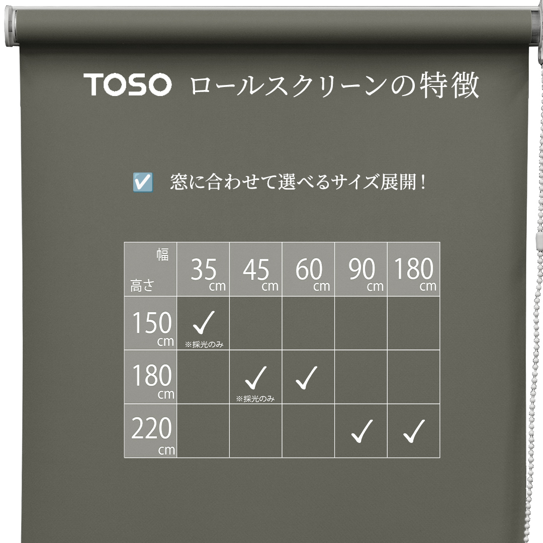 TOSO ロールスクリーン ボールチェーン式 採光生地 60cm×180cm（ブラウン）ブラインド シンプルインテリア 採光 間仕切 カーテンレール取付 [BD161-NT]