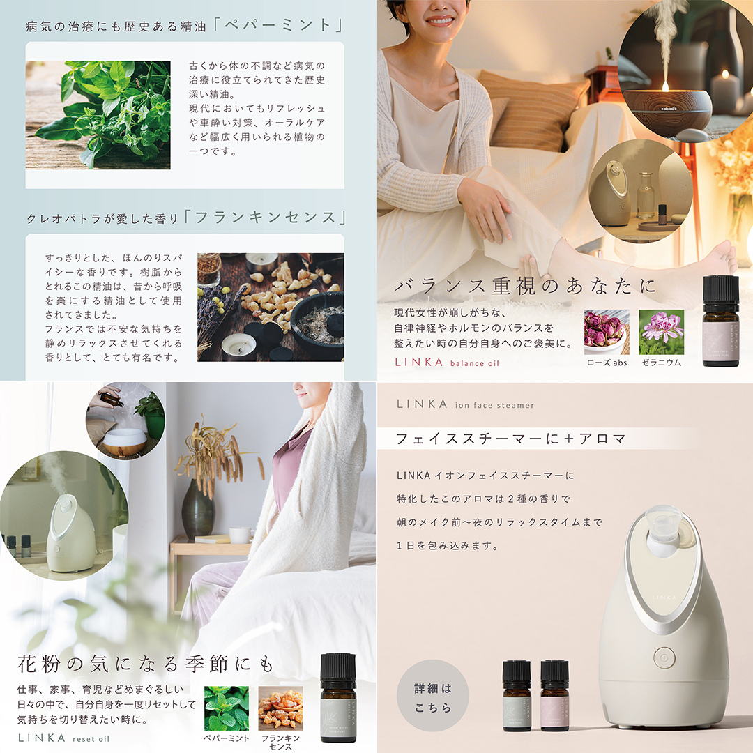 LINKA イオン フェイス スチーマー ＋ アロマオイル 2種セット 美顔器 美容 リンカ アロマ 癒し リラックス エステ ディフューザー [EV21-NT]