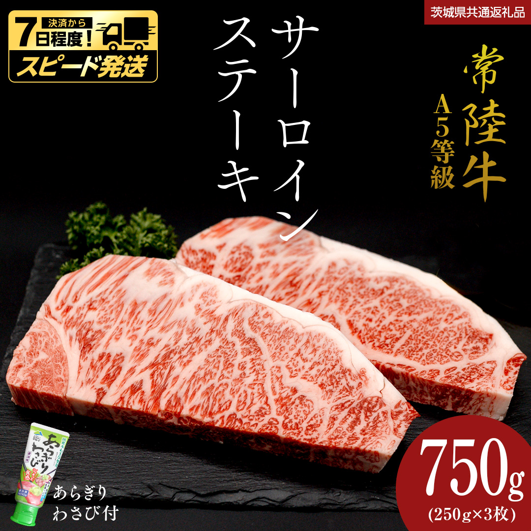 ＼ スピード発送／【 常陸牛 】 A5 等級 サーロインステーキ 750g (250g×3枚) あらぎり わさび 付 （茨城県 共通返礼品：守谷市） ひたちぎゅう ブランド牛 ステーキ サーロイン 国産牛 黒毛和牛 和牛 国産黒毛和牛 お肉 A5ランク 山葵 ワサビ [BX94-NT]