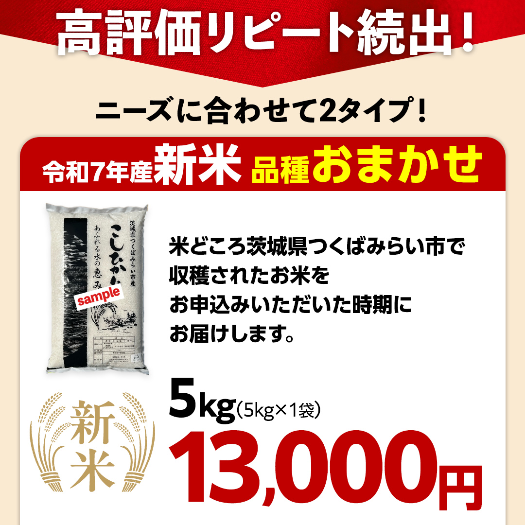 ＼ 新米先行予約 ／【10月下期出荷】品種おまかせ 5kg 茨城県つくばみらい市産 精米 こしひかり コシヒカリ あきたこまち ひとめぼれ ふくまる ゆめひたち ミルキークイーン にじのきらめき 米 コメ こめ 単一米 限定 茨城県産 国産 美味しい お米 おこめ おコメ [CL147-NT]