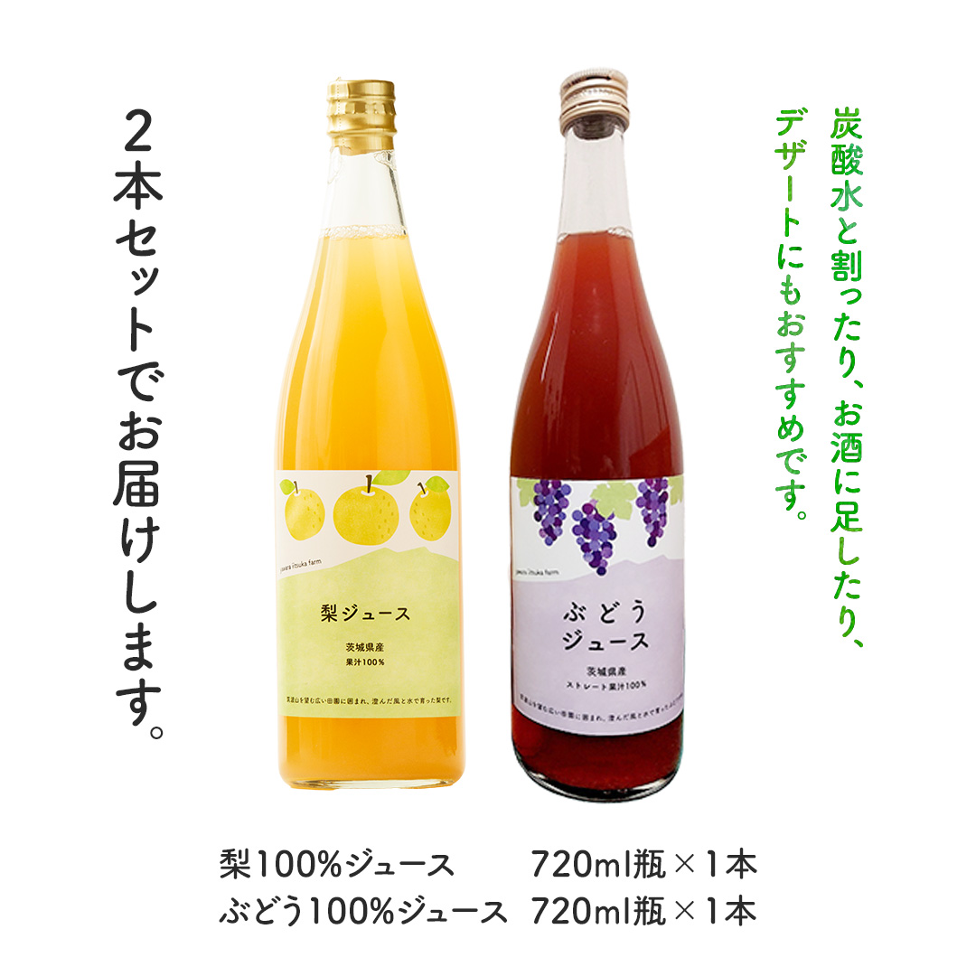 地元農家が作る つくばみらい市産 梨 を使った 梨ジュース・ぶどうジュース 720ml 2本セット 果汁100％ 朝食 飲み物 飲料 果実飲料 フルーツ 果物 ドリンク やわら飯塚農園 [CZ17-NT]