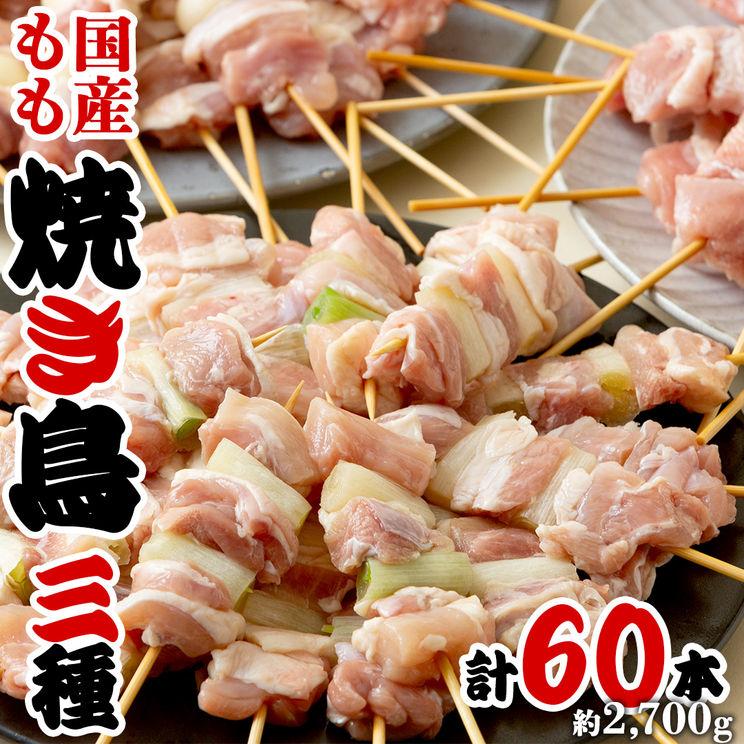 1本45g！合計約2700g！大満足の 国産鶏 焼き鳥 モモ 3種60本 セット （各20本入り）  焼鳥 鶏肉 おかず おつまみ [AI10-NT]